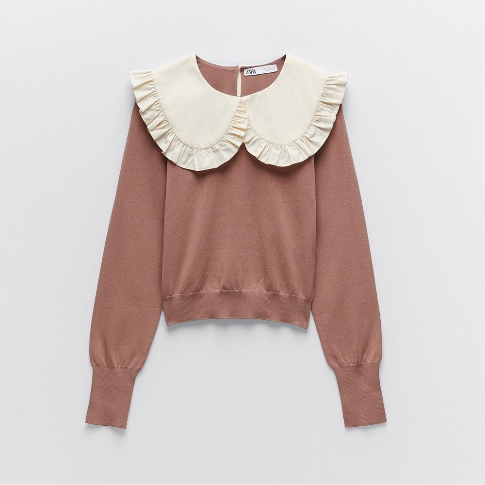 Zara ~ Brown Peter Pan Cream Collar knit top